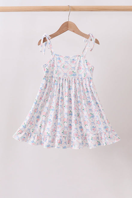 Blue Floral Smocked Ruffle Dress