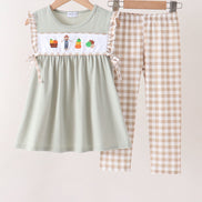 Green Scarecrow Embroidery Ruffle Pants Set