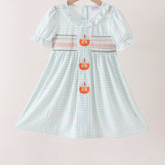 Sage pumpkin smocked gingham dress