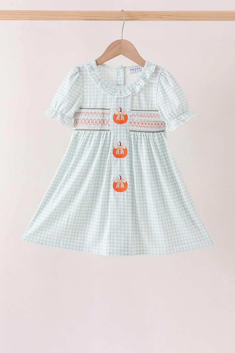 Sage pumpkin smocked gingham dress