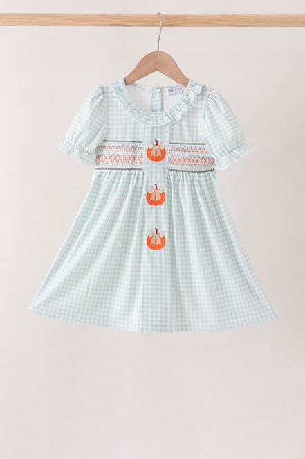 Sage pumpkin smocked gingham dress