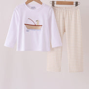 Khaki Puppy Fishing Embroidery Pants Set