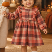 12-month-old biracial girl wearing the rust plaid dress
