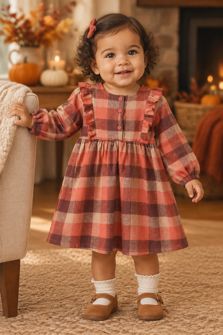 12-month-old biracial girl wearing the rust plaid dress