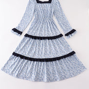 Blue floral print tiered mom ruffle dress