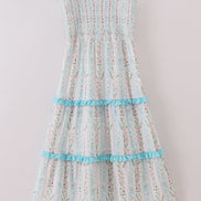 Blue floral print smocked mom dress