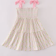 Pink lemon print bow smocked tiered mom&me dress