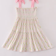 Pink lemon print bow smocked tiered mom&me dress