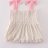 Pink lemon print bow smocked tiered mom&me dress