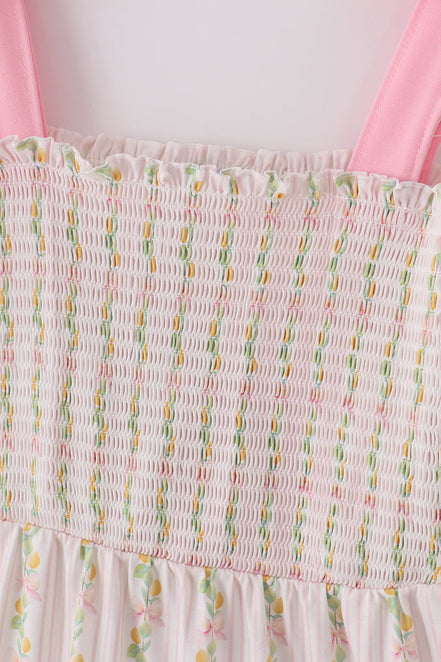 Pink lemon print bow smocked tiered mom&me dress