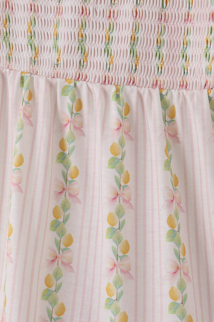 Pink lemon print bow smocked tiered mom&me dress
