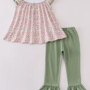 Pink pumpkin smocked floral ruffle pants set