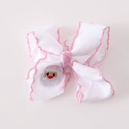 Pink santa claus embroidery crochet edge hair bow