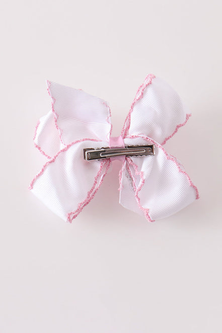 Pink santa claus embroidery crochet edge hair bow