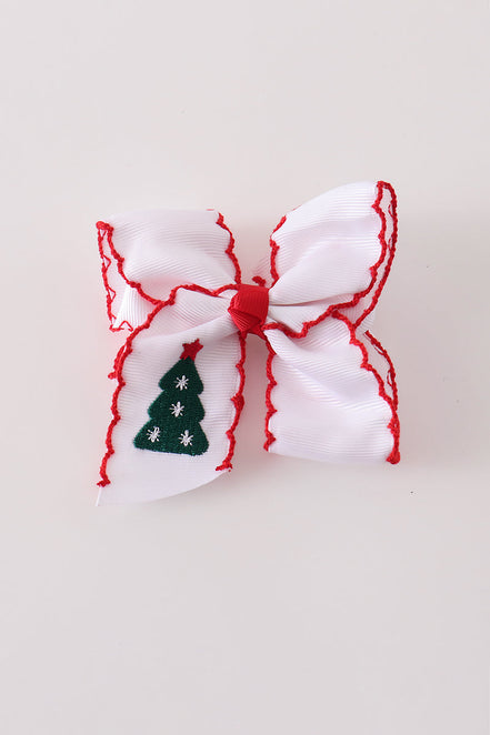 Red christmas tree embroidery crochet edge hair bow