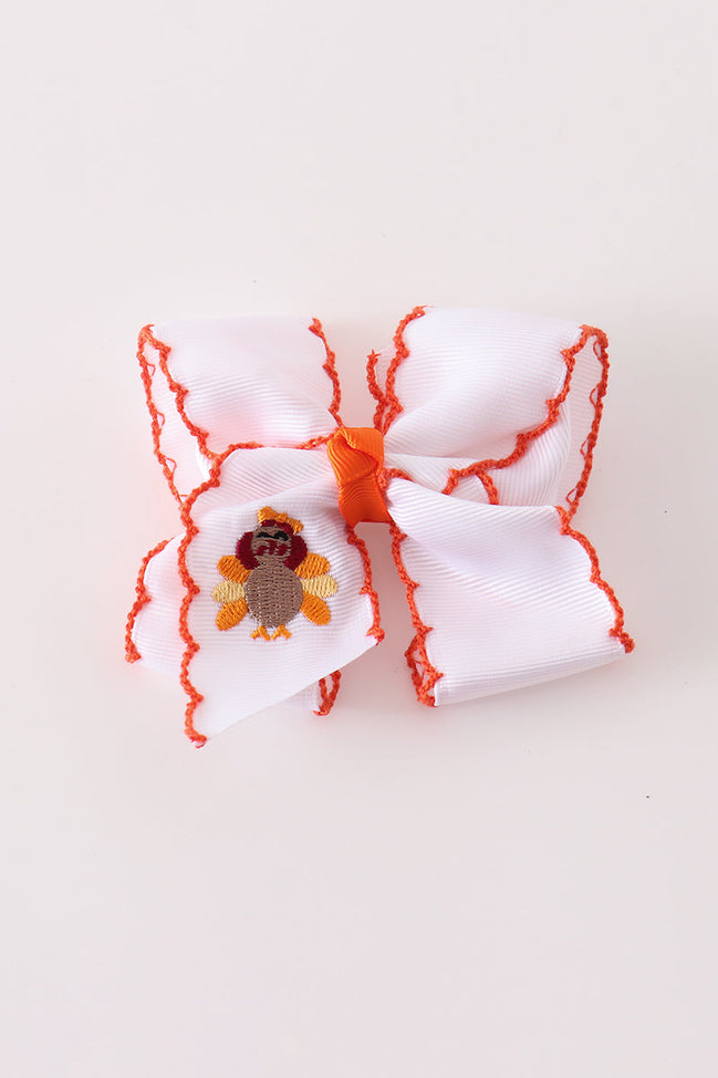 Rust turkey embroidery crochet edge hair bow