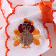 Rust turkey embroidery crochet edge hair bow