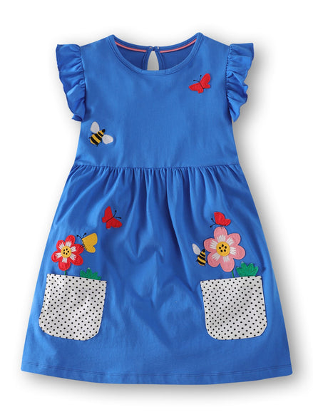Children's Bird Applique Pocket Ruffle Sleeve Dress - Little Janey Shop