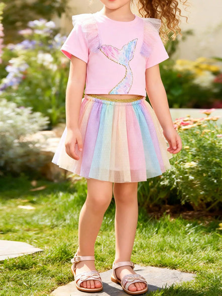 Children's Mermaid Tail Tee & Rainbow Tulle Skirt Set - Little Janey Shop