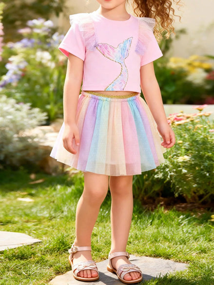 Children's Mermaid Tail Tee & Rainbow Tulle Skirt Set - Little Janey Shop