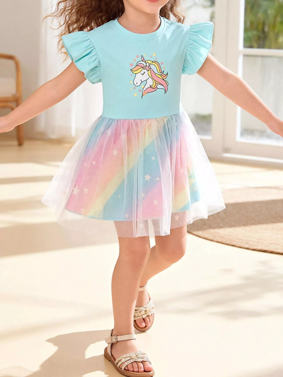 Children's Unicorn Graphic Rainbow Tulle Layered Dress - Little Janey Shop