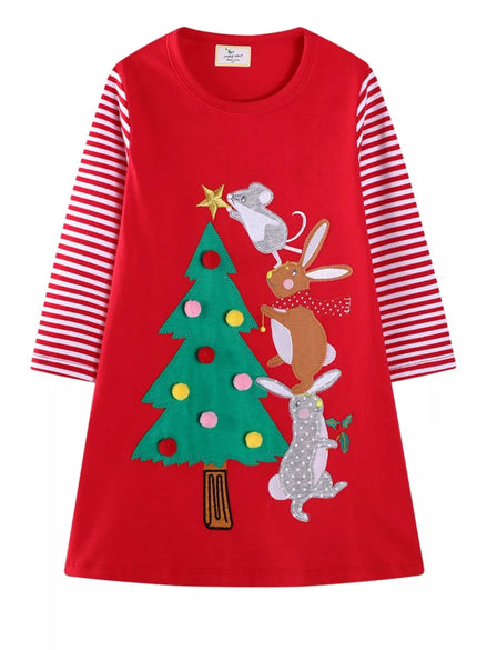 Children's Christmas Tree Animal Long Sleeve Dress - Little Janey Shop