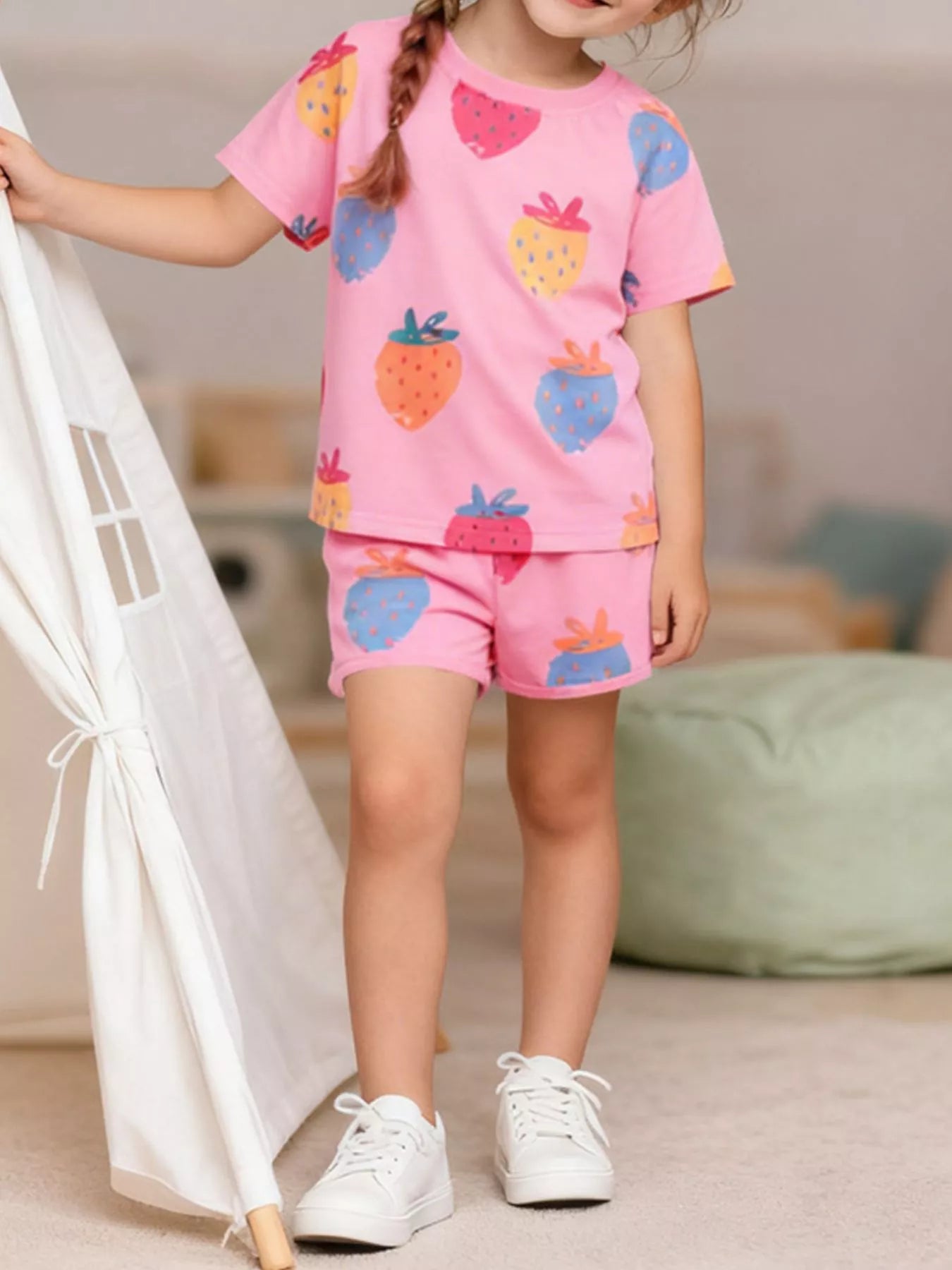 Children's Strawberry Print Round Neck Tee and Shorts Set - Little Janey Shop