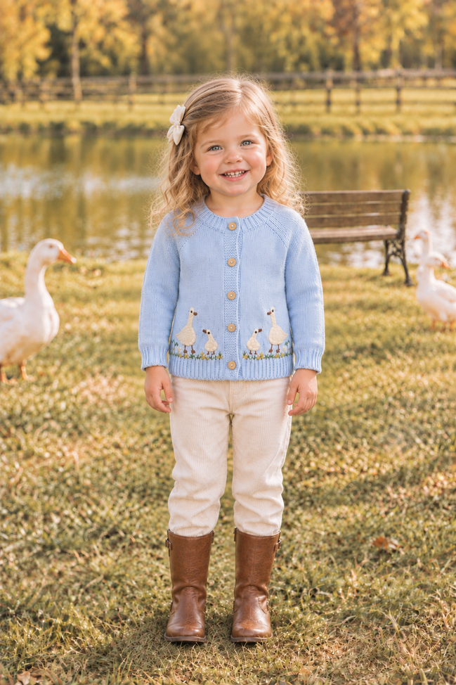 24-month-old toddler wearing the goose cardigan in the same farm scene