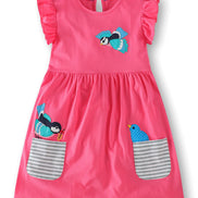 Children's Bird Applique Pocket Ruffle Sleeve Dress - Little Janey Shop