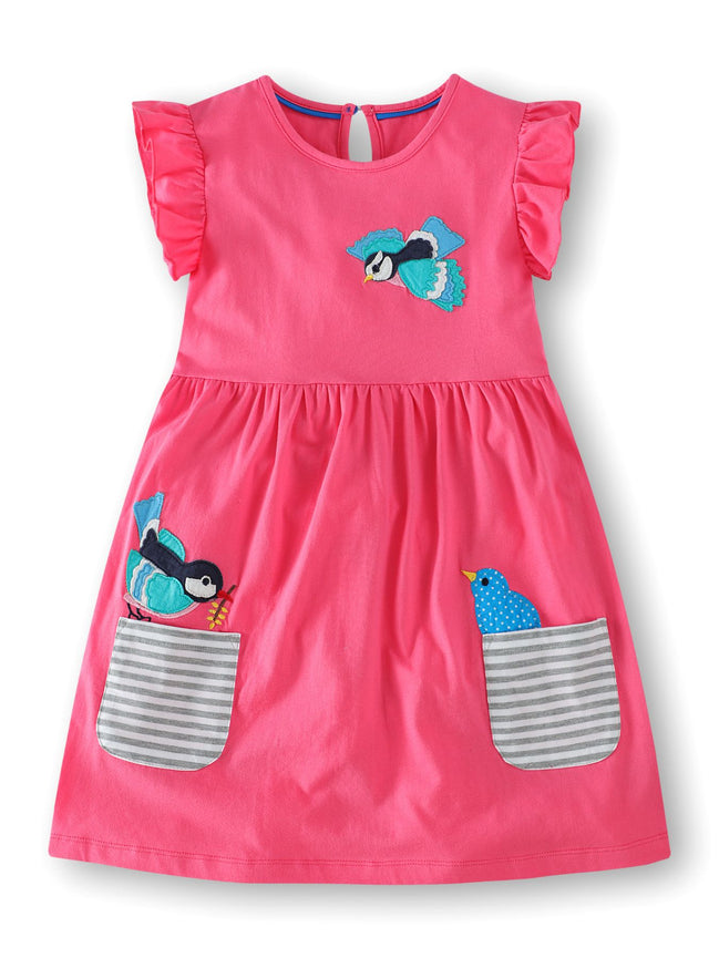 Children's Bird Applique Pocket Ruffle Sleeve Dress - Little Janey Shop