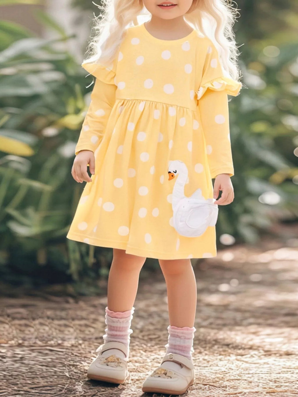 Children's Swan Applique Polka Dot Ruffle Sleeve Dress - Little Janey Shop
