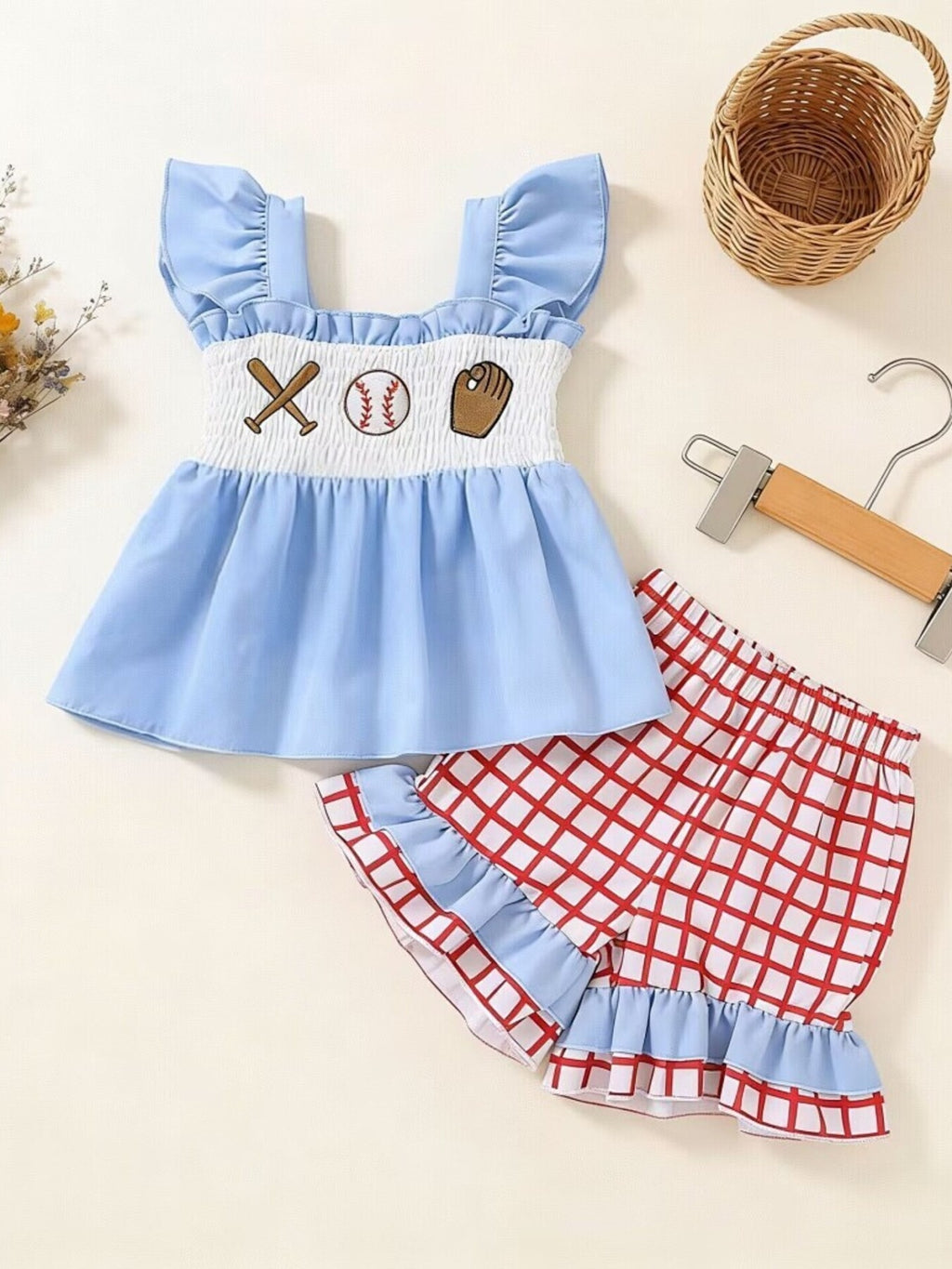 Children's Baseball Embroidered Ruffle Trim Top and Shorts Set - Little Janey Shop