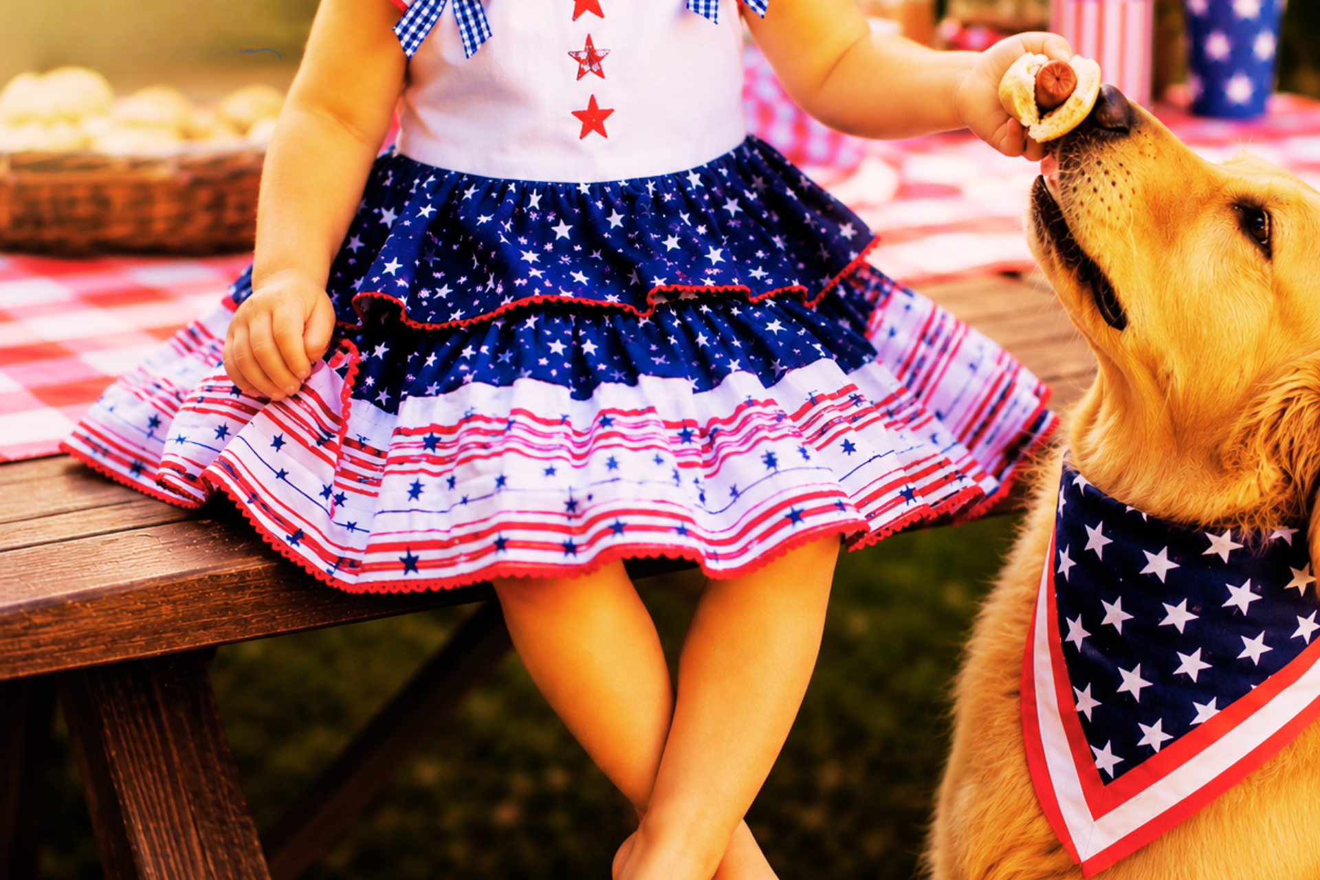 Child in a patriotic dress feeding a dog a cookie on a picnic table. Little Janey shop patriotic fourth of july apparel.