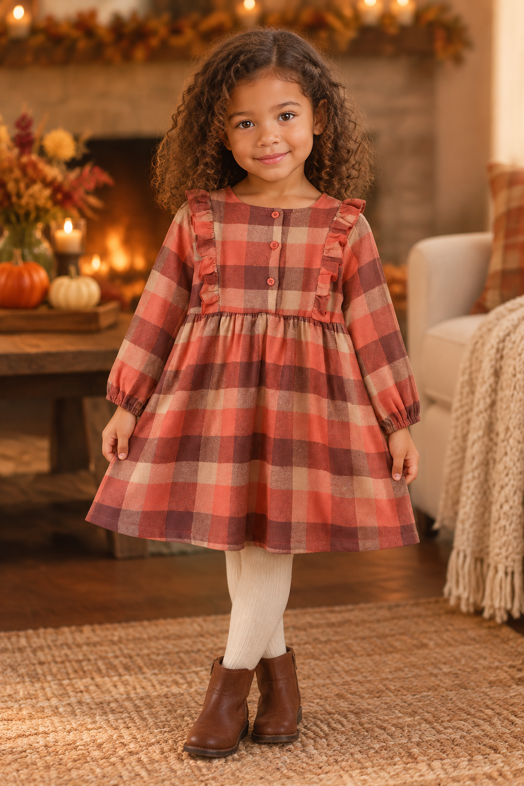 4-to-5-year-old biracial girl wearing the rust plaid dress