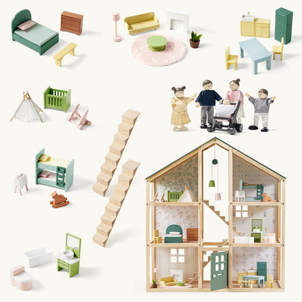 Tiny Land® Sweetwood Evergreen Dollhouse & Wooden Dollhouse Dolls