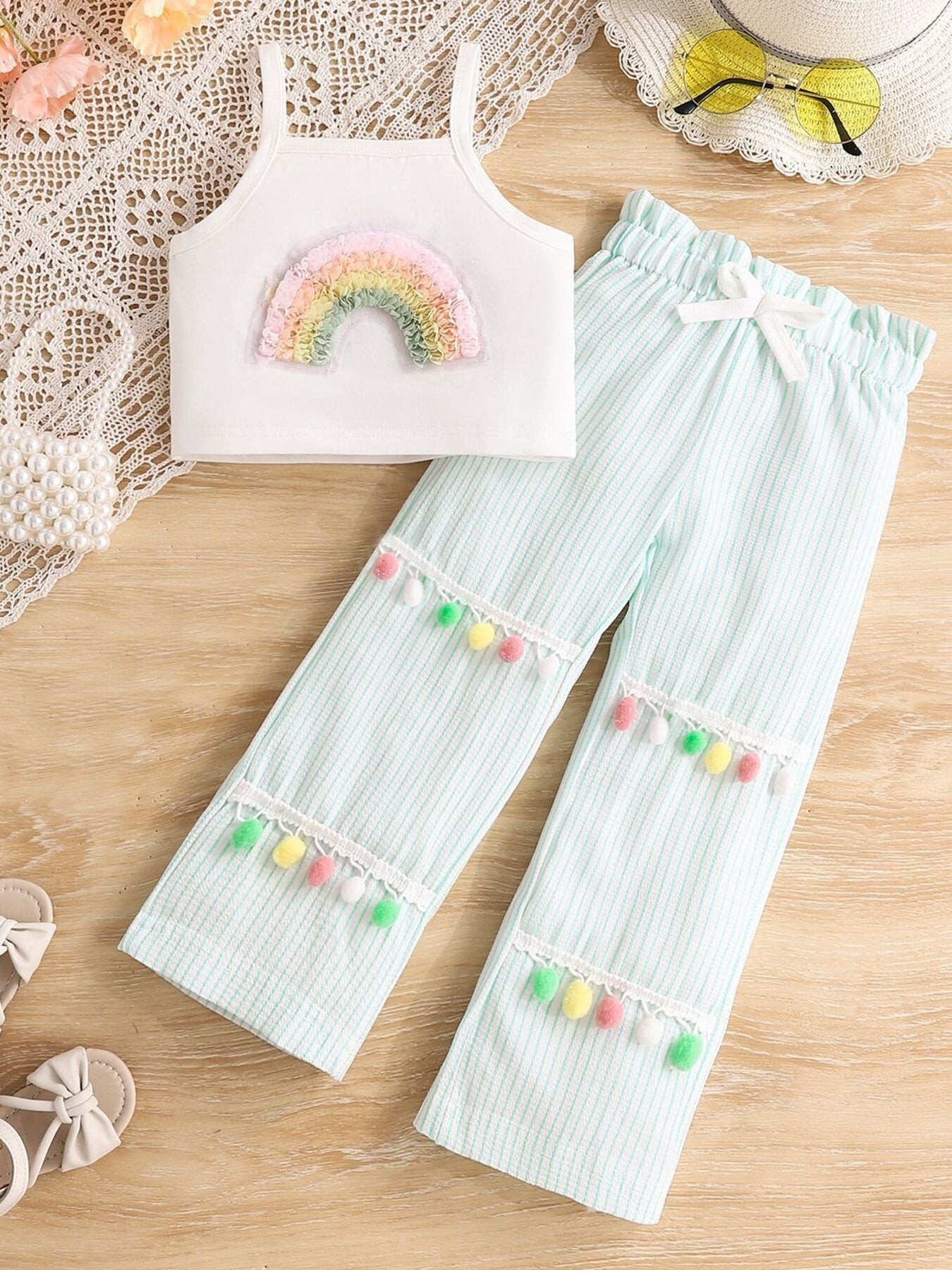 Children's Rainbow Top & Striped Pom Pom Pants Set - Little Janey Shop