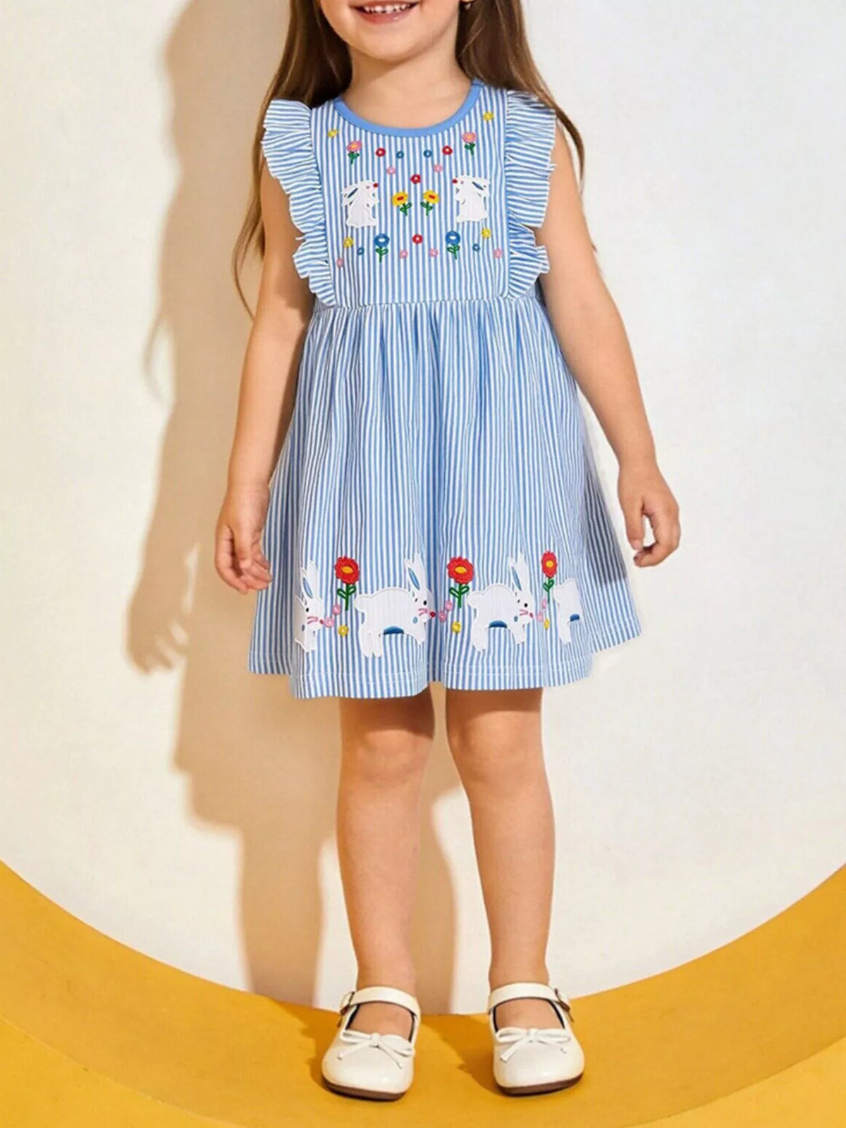 Children's Striped Bunny Embroidered Ruffle Sleeve Dress - Little Janey Shop
