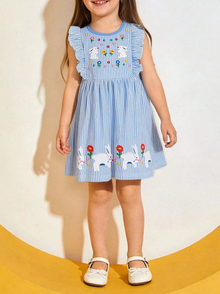 Children's Striped Bunny Embroidered Ruffle Sleeve Dress - Little Janey Shop
