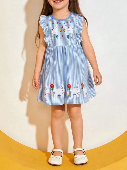 Children's Striped Bunny Embroidered Ruffle Sleeve Dress - Little Janey Shop