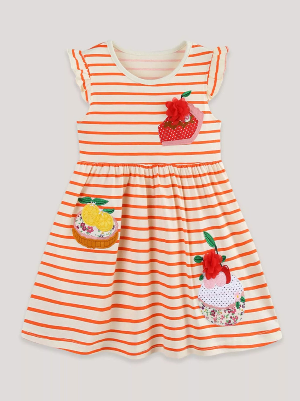 Children's Fruit Embroidered Ruffled Striped Dress - Little Janey Shop