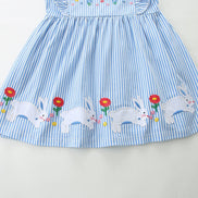 Children's Striped Bunny Embroidered Ruffle Sleeve Dress - Little Janey Shop
