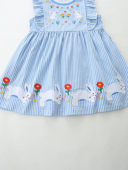 Children's Striped Bunny Embroidered Ruffle Sleeve Dress - Little Janey Shop