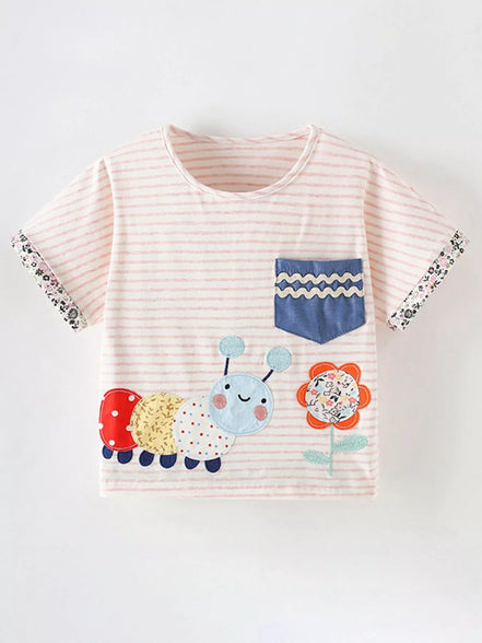 Children's Cute Cartoon Caterpillar Applique Striped T-Shirt - Little Janey Shop
