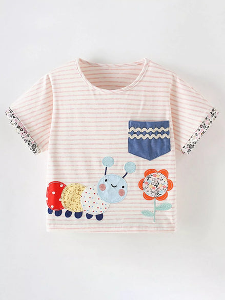 Children's Cute Cartoon Caterpillar Applique Striped T-Shirt - Little Janey Shop