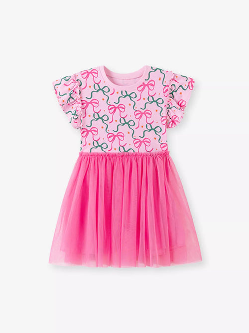 Children's Bowknot Ruffle Sleeve Tulle Dress - Little Janey Shop