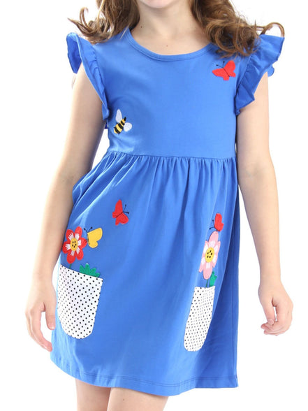 Children's Bird Applique Pocket Ruffle Sleeve Dress - Little Janey Shop