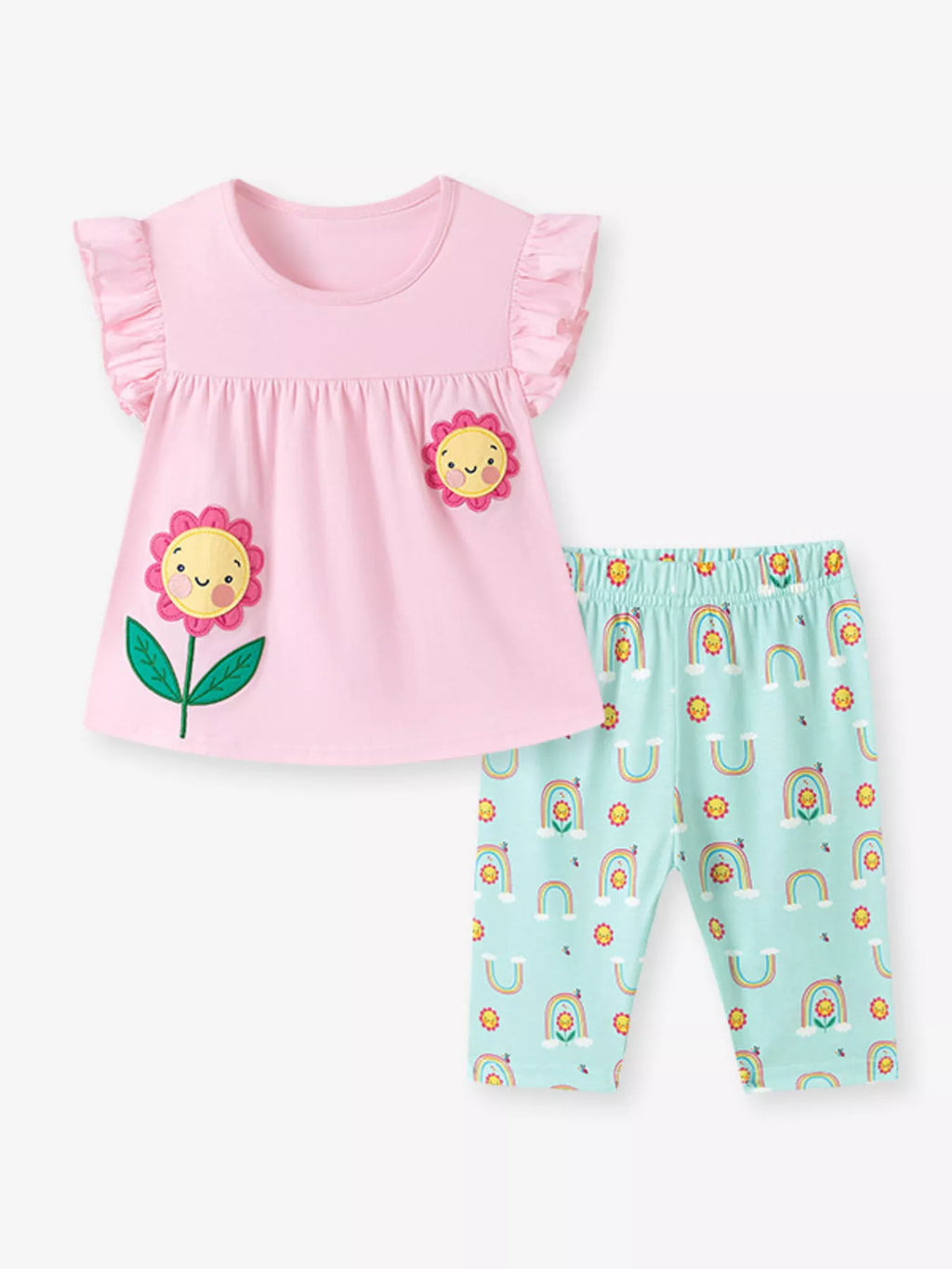Children's Flower Appliqué Top & Rainbow Print Capri Set - Little Janey Shop