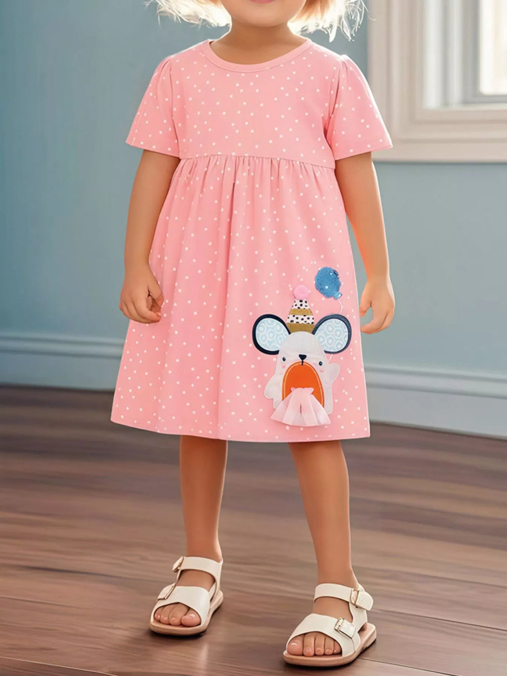 Children's Round Neck Cartoon Polka Dot Dress - Little Janey Shop