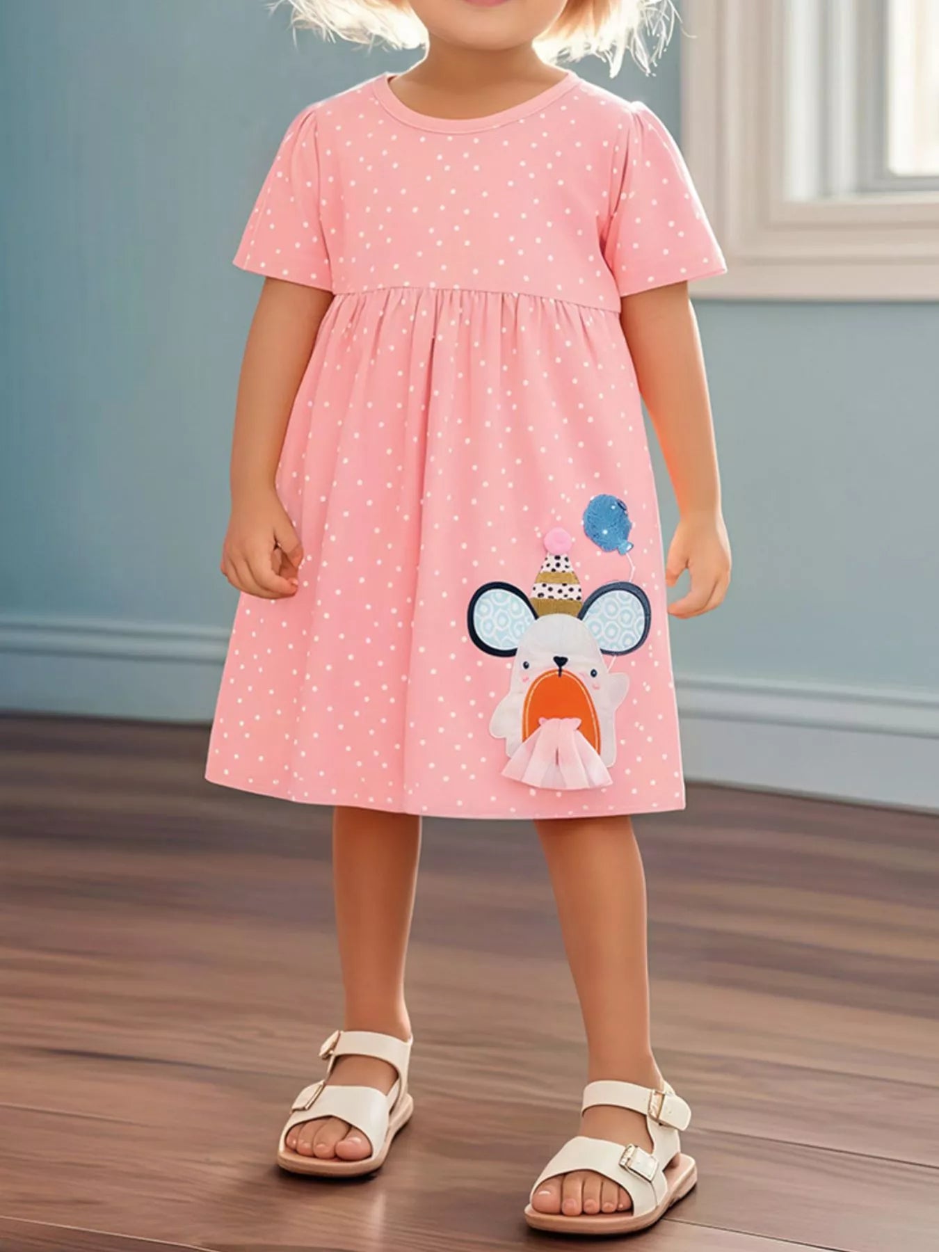 Children's Round Neck Cartoon Polka Dot Dress - Little Janey Shop