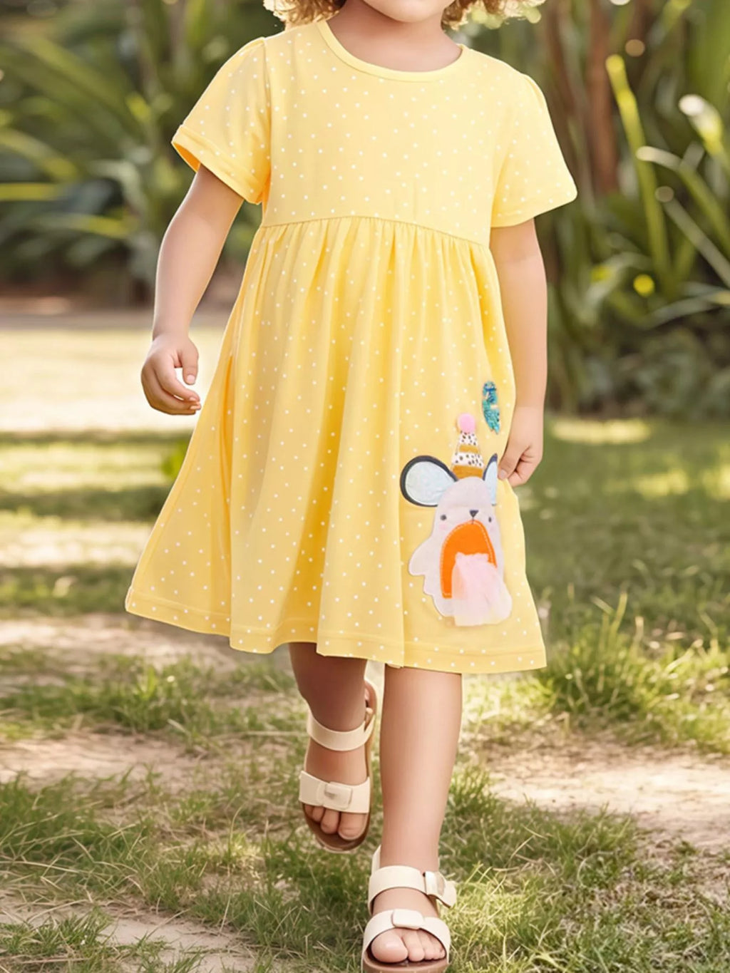Children's Round Neck Cartoon Polka Dot Dress - Little Janey Shop